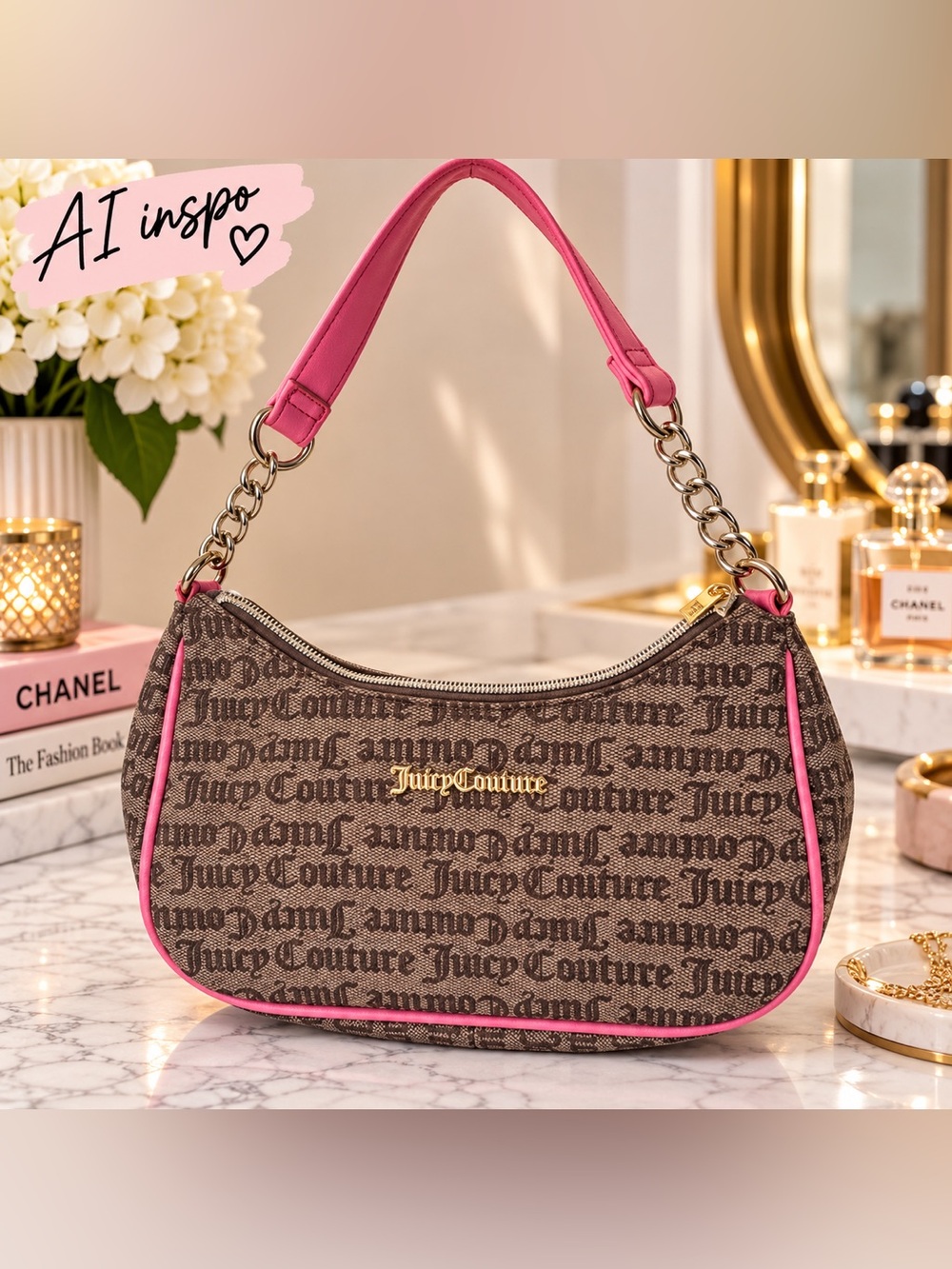 Juicy Couture Brown Logo Shoulder Bag with Pink Trim